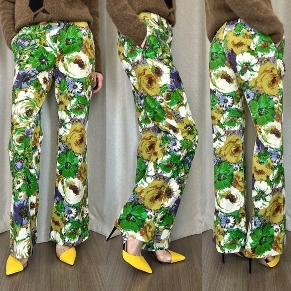 Blumarine Floral Boot Cut Pants - Green, Yellow, Purple